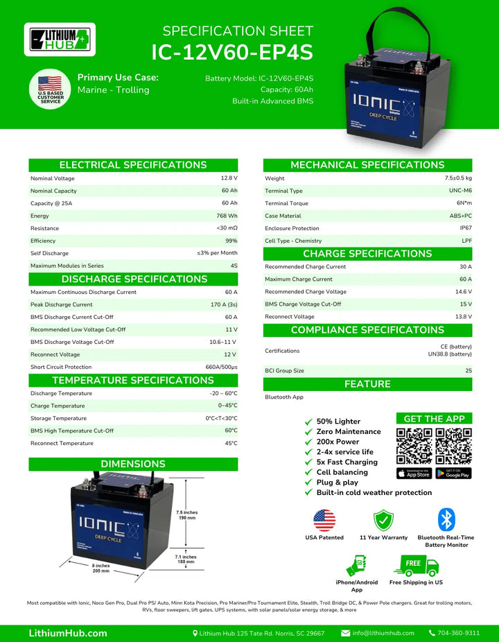 Ionic Lithium 12V 60Ah | LiFePO4 Deep Cycle Trolling Motor Battery + Bluetooth