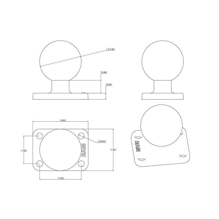 RAM Mount 1.5" x 2" Rectangle Base w/1.5" Ball [RAM-202U-152]
